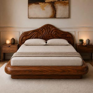 Op de afbeelding: Een laag bedframe gemaakt van donker, gepolijst hout met een opvallend, wervelend, organisch nerfpatroon. Het hoofdeinde heeft een groot, sculpturaal, golfachtig ontwerp. Het bed is opgemaakt met een beige matras en een bijpassende loper.