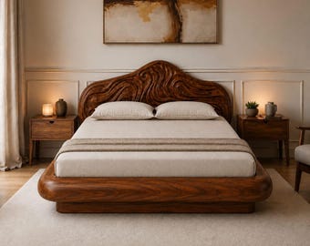 Organic Sculptural Platform Bed, Handcrafted Solid Teak Wood Low Profile Bed Frame, Minimalist Bedroom