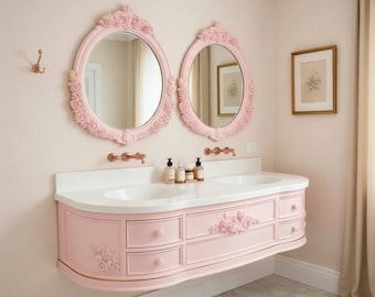 Rosa fransk provinsiell sminkbord med utsmyckad spegel, Corian handfat