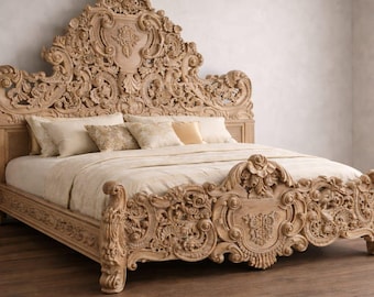 Ornate Hand Carved Teak Wood King Bed Frame – Baroque Rococo Floral Scroll Statement Furniture