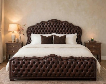 Luxury Chesterfield Upholstered Bed | Teak Wood Leather Bed Frame | Antique Bedroom Furniture
