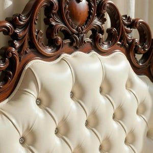 Close-up of an ornate hand-carved solid teak wood headboard with deep white button-tufted upholstery and crystal accents.