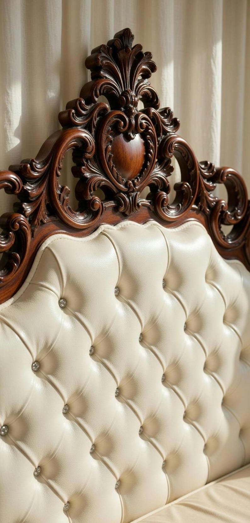 Close-up of an ornate hand-carved solid teak wood headboard with deep white button-tufted upholstery and crystal accents.