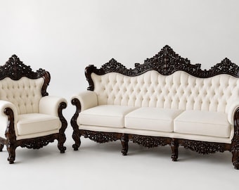 Conjunto de sofá victoriano tallado a mano con sillones y mesa / Muebles de salón rococó de madera maciza