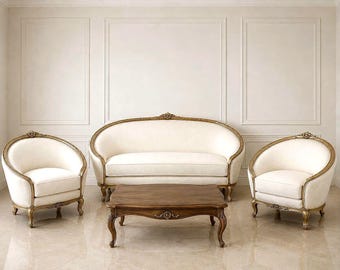 Antique French Louis XV Sofa Set, Hand Carved Solid Teak Wood Armchairs, Vintage Furniture