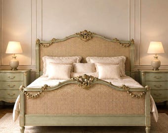 Antique French Country Cane Bed | Vintage Teak Wood Frame | Luxury Bedroom Furniture