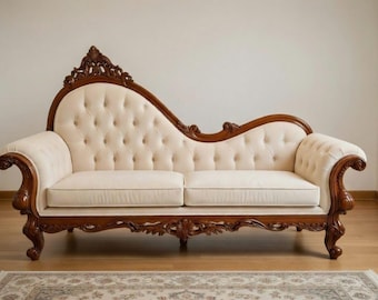 Sierlijke gesneden teak Victoriaanse chaise longue – getufte crèmekleurige bekleding, formele bank