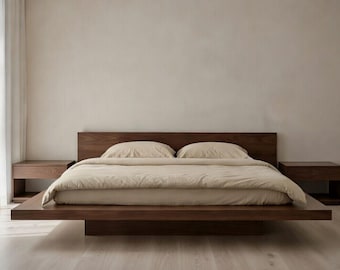 Minimalist Solid  Teak Wood Platform Bed - Modern Japandi Low Profile Floating Bed Frame