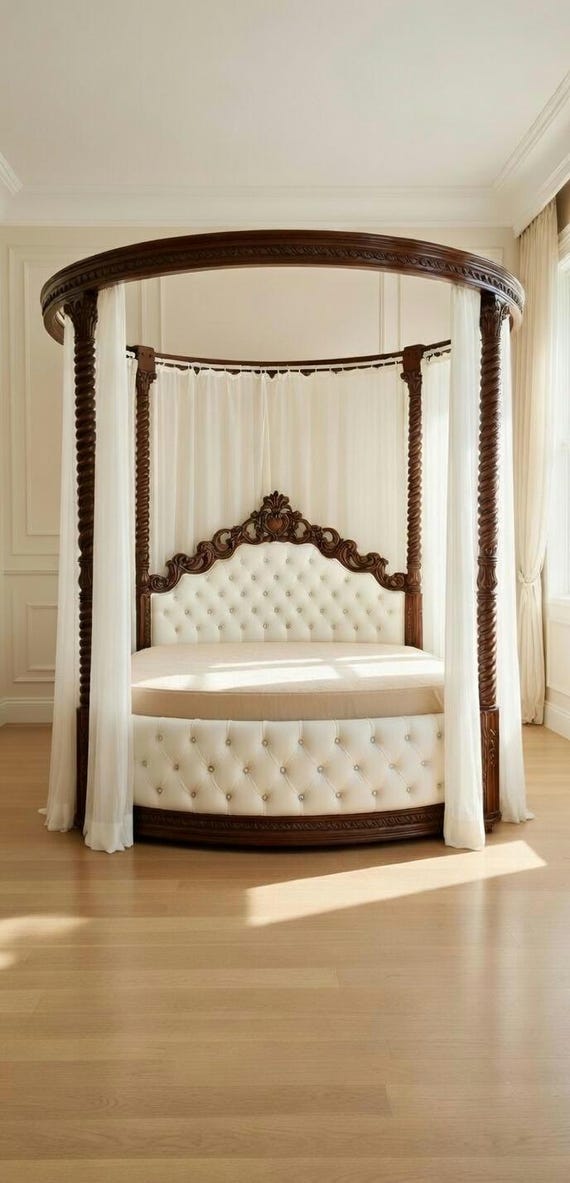Handcarved Solid Teak Round Canopy Bed | Italian Furniture Style, Upholstered Headboard