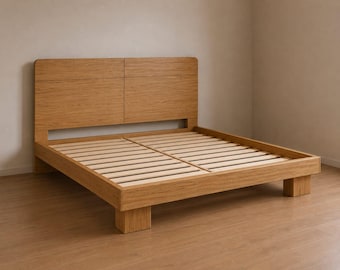 Estrutura de cama de plataforma em madeira maciça, estilo escandinavo Japandi, perfil baixo.