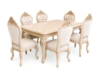 Custom Hand Carved Teak Dining Set | French Louis XV Style Upholstered Chairs, Ivory Finish