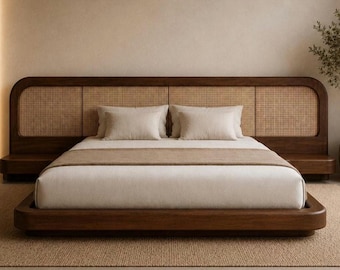 Solid Wood Japandi Bed Frame | Natural Cane Headboard, Low Profile King Size