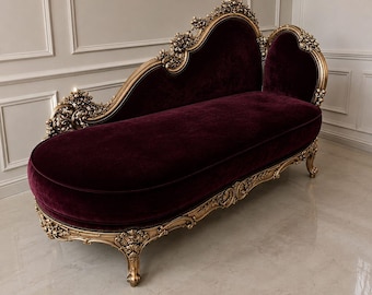 Antique French Teak Wood Chaise Lounge | Ottoman Couch |Velvet upholstered Daybed Sofa | Vintage Furniture