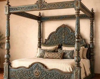 Spanish Colonial Four Poster Canopy Bed Hand Carved Solid Wood Antique Distressed Finish Frame