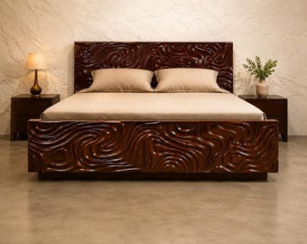 Handcrafted Solid Teak Wood Platform Bed | Organic Wave Design |Contemporary Low Profile Bed Frame