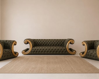 Mid Century Modern S Curve Chesterfield Sofa | Art Deco Curved Couch Set
