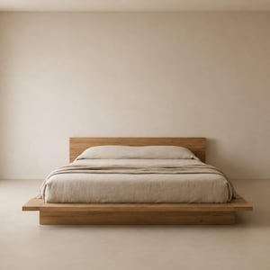 Cama de plataforma Japandi em madeira maciça de meados do século XX | Cama suspensa minimalista de perfil baixo