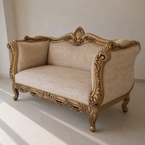 French Rococo Teak Wood Loveseat | Hand Carved Luxury Sofa | Victorian Upholstered Settee
