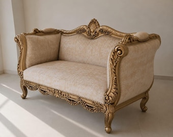 French Rococo Teak Wood Loveseat | Hand Carved Luxury Sofa | Victorian Upholstered Settee