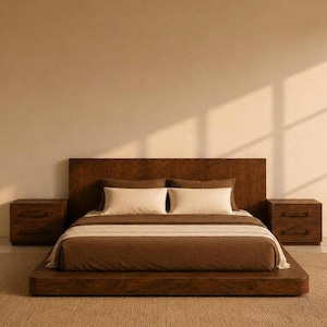 Minimalist Solid Teak Wood Japandi Bed Frame With Nightstands