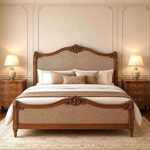 Könnte beinhalten: Ein Holzbettgestell mit einem geflochtenen Rohrgeflecht-Kopfteil und Fußteil sowie geschnitzten Blumenverzierungen. Das Bett ist mit weißer und brauner Bettwäsche bezogen und wird von zwei Nachttischen aus Holz mit leuchtenden Lampen flankiert.