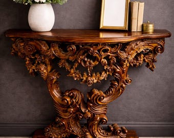 Mesa consola de lujo de madera tallada a mano, mesa de entrada de nogal oscuro antiguo