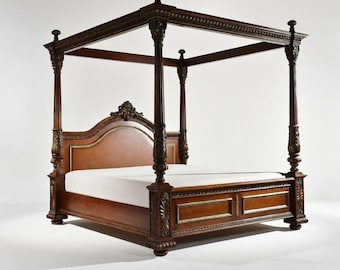 Łóżko z baldachimem z litego drewna tekowego, ręcznie rzeźbione, rozmiar king size, złote akcenty