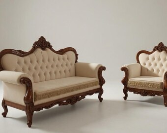 Rococo Carved Wood Sofa & Armchair Set - Luxury Victorian Tufted Cream Living Room Furniture