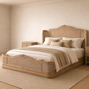 Hand-Carved Teak Cane Bed Frame, French Provincial Louis XV Rattan Platform Bed