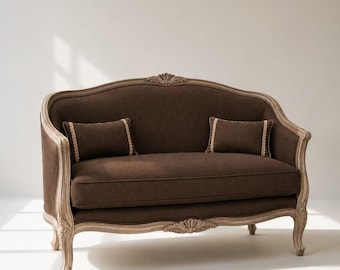 Antique Ottoman Couch | Upholstered Teak Wood Sofa | Vintage Living Room Furniture| French Louis XV