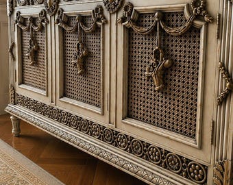 Solid Teak Wood Console Table | Handmade French Provincial Cane Cabinet