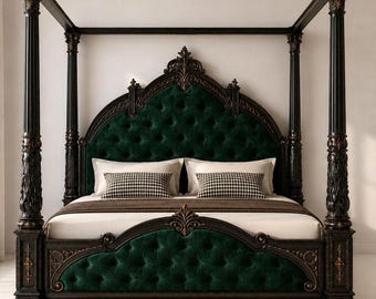 Victorian Gothic Four Poster Canopy Bed | Hand Carved Solid Teak Wood Upholstered Bed Frame