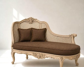 Antique French Teak Wood Chaise Lounge | Ottoman Couch |Rattan Cane Daybed Sofa | Vintage Furniture