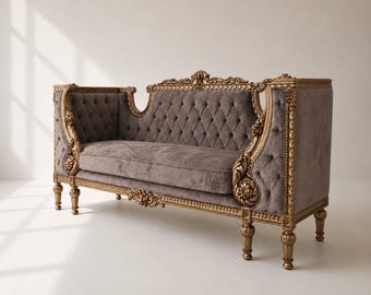 French Provincial Art Deco Chesterfield Sofa | Hand-Carved Velvet Tufted Couch | Handmade Vintage Furniture
