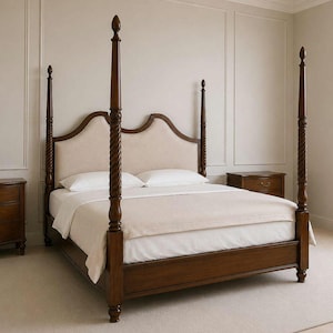 Cama de dossel em madeira maciça de teca | Colunas em formato de cevada torcida, cabeceira estofada em formato de camelo, cama king size