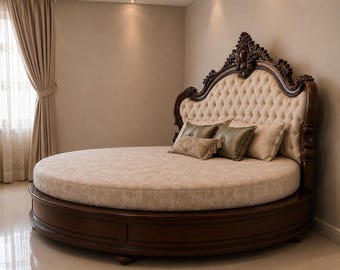 Rond bed | Massief teakhouten lijst | Getuft gestoffeerd hoofdeinde | Aangepaste formaten