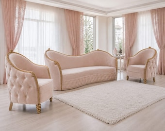 French Provincial Curved Velvet Sofa Set, Luxury Rococo Couch, Hand Carved Living Room Furniture