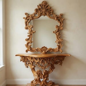 Hand Carved Baroque Console Table with Mirror – Ornate Rococo Entryway Furniture