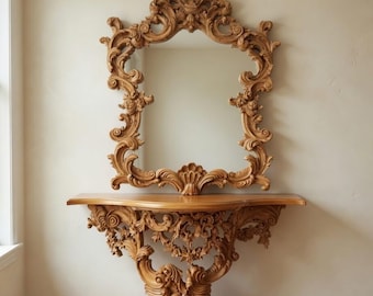 Consola barroca tallada a mano con espejo – Muebles de entrada rococó ornamentados