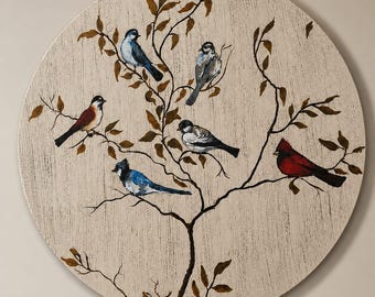 Hand Painted Round Bird Wall Art - Rustic Farmhouse Nature Decor for Living Room