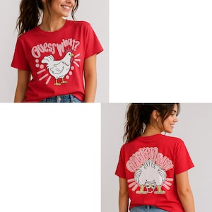 May include: Red t-shirt with a white cartoon chicken graphic and the text "Guess What?" on the front. The back of the shirt features a graphic of a chicken's rear end with the text "Chicken Butt".