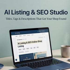 May include: A dark blue laptop displaying a website titled AI Listing & SEO Online-Shop Listing, with a matching dark blue book in the foreground labeled AI Listing SEO Studio and AI Listing SEO PDF, set against a light green wall background.