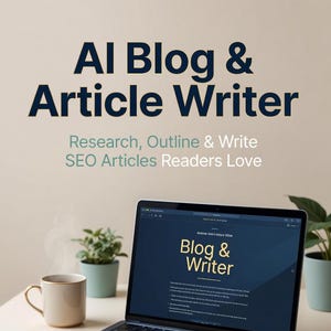 May include: A laptop displaying a website titled Blog & Writer, accompanied by a light blue book titled AI Blog PDF Guide. The text AI Blog & Article Writer Research, Outline & Write SEO Articles Readers Love is visible above the laptop.