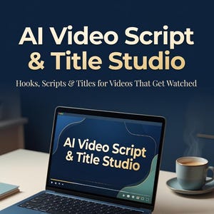 May include: A dark blue laptop displaying the text AI Video Script & Title Studio on its screen, accompanied by a matching notebook with the same title and a steaming mug, set against a dark blue background with the header AI Video Script & Title Studio.