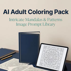 May include: A digital tablet displaying a black and white mandala coloring page, accompanied by a dark blue hardcover book, several gold and teal pens, and printed sheets featuring intricate mandala designs. Text reads AI Adult Coloring Pack.