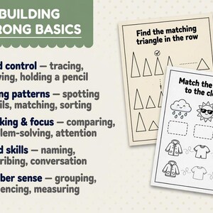Pu&ograve; includere: Fogli di lavoro didattici con il testo "BUILDING STRONG BASICS" e attivit&agrave; per il controllo della mano, il riconoscimento dei modelli e le capacit&agrave; linguistiche. Un foglio di lavoro chiede di trovare triangoli corrispondenti, l'altro di abbinare il tempo ai vestiti.