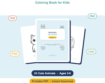 Animals Book for Kids Printable | 24 Animal Coloring Pages | Preschool Toddler Coloring PDF | Instant Download Activity Book