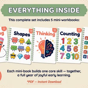 Pu&ograve; includere: Un set di cinque mini-quaderni per l'apprendimento precoce, tra cui tracciatura, forme, pensiero, conteggio e l'alfabeto. Ogni quaderno presenta illustrazioni colorate ed &egrave; progettato per bambini dai 3 ai 4 anni. Il set include 207 pagine.