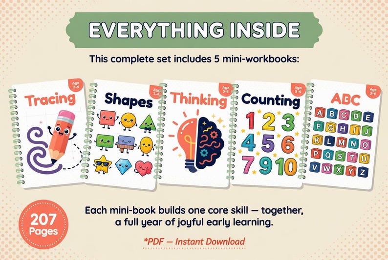 Pu&ograve; includere: Un set di cinque mini-quaderni per l'apprendimento precoce, tra cui tracciatura, forme, pensiero, conteggio e l'alfabeto. Ogni quaderno presenta illustrazioni colorate ed &egrave; progettato per bambini dai 3 ai 4 anni. Il set include 207 pagine.