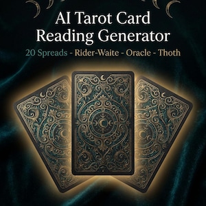 Puede incluir: Imagen de tres cartas de tarot con diseños dorados y turquesas ornamentados, sobre un fondo verde oscuro. Las cartas están iluminadas con un brillo suave. El texto en la parte superior dice "AI Tarot Card Reading Generator".